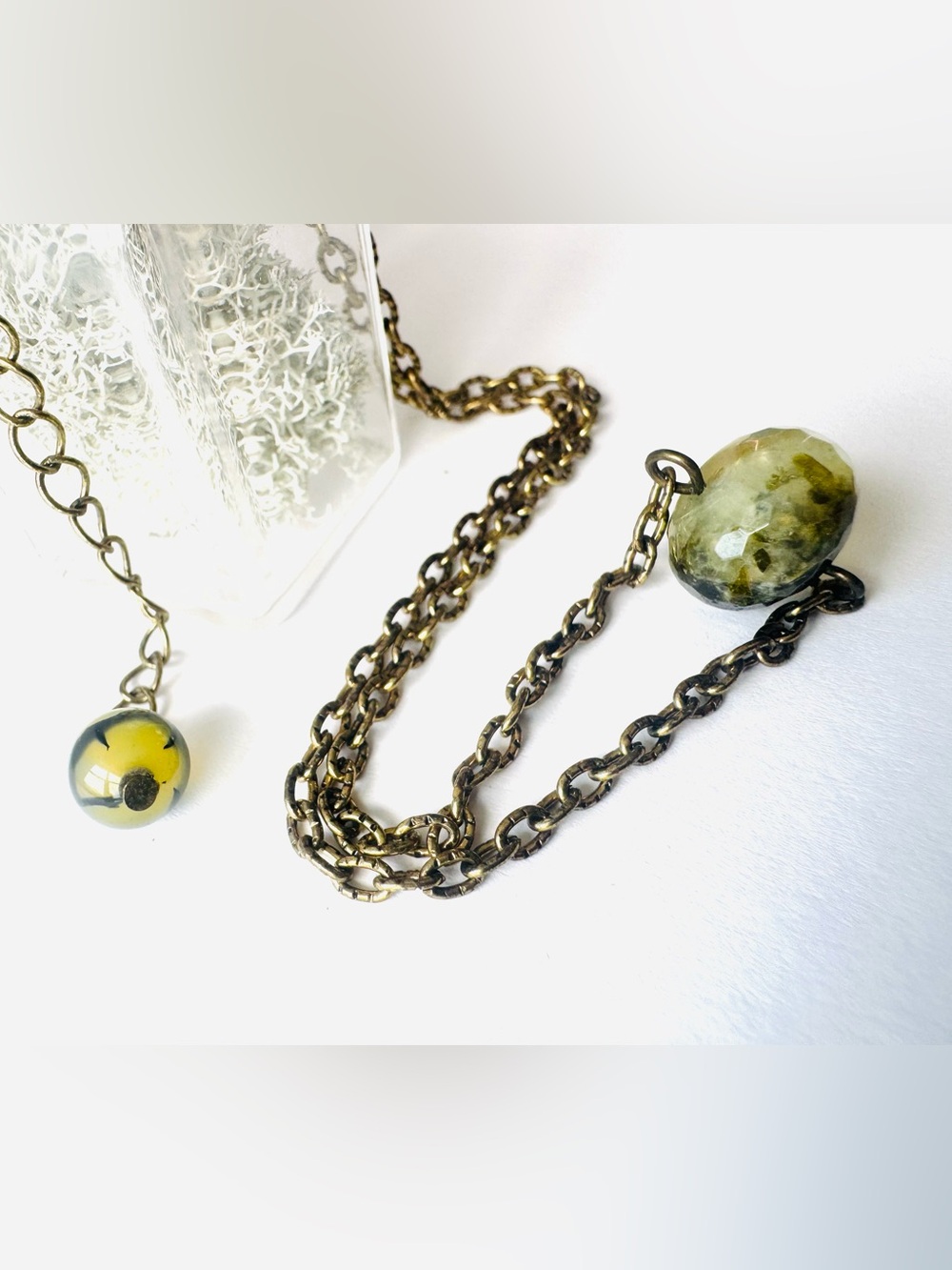 Gorgeous Prehnite Quartz on Handmade Antiqued Brass Chain Necklace with agate